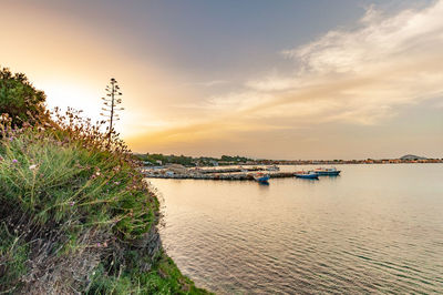 View of marina at sunset