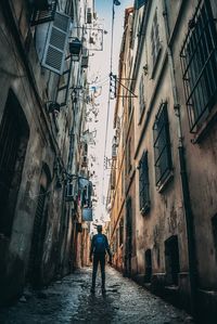 Rear view of man standing in alley