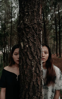 Portrait of beautiful young women peeking by tree trunk in forest