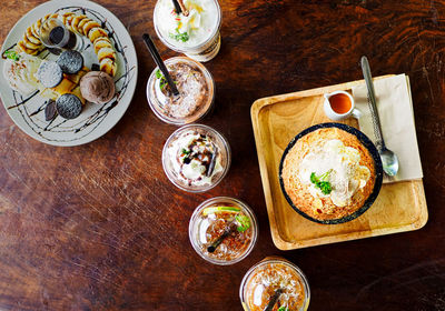 High angle view of breakfast served on table