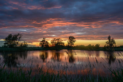 Scenic view of lake against sky during sunset