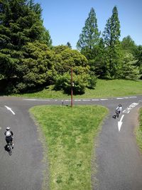 High angle view of people cycling on road