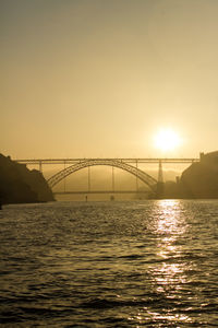 Bridge over river at sunset