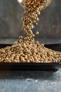 Pour light brown peppercorns on top of plate of pepper