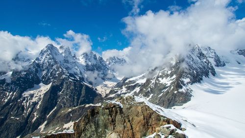 Panoramic view of snowcapped mountains against sky