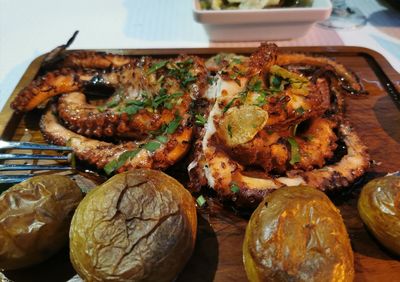 High angle view of meat in plate on table