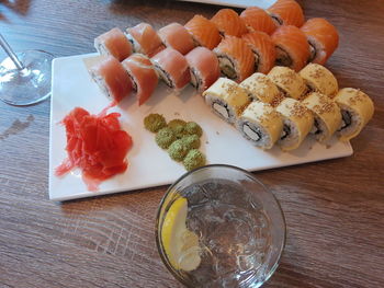 High angle view of sushi served on table