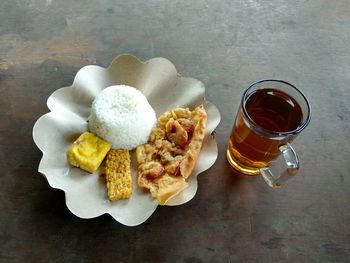 High angle view of breakfast on table