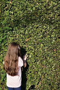 Rear view of girl looking at plants