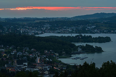 High angle view of townscape against sky at sunset