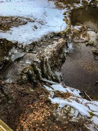 High angle view of stream flowing through rocks