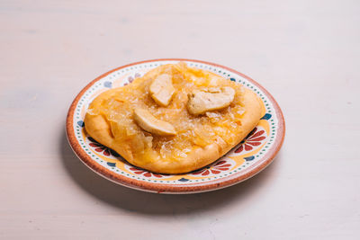 High angle view of dessert in plate on table