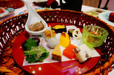 High angle view of fruits in plate on table