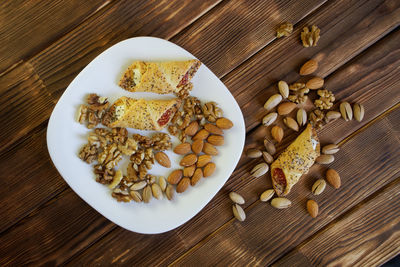 High angle view of breakfast on table