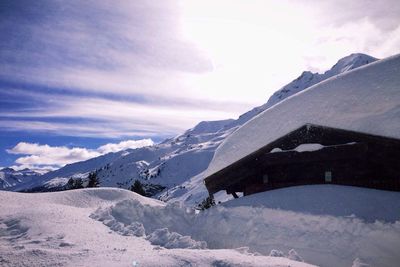 Scenic view of snow covered mountains against sky