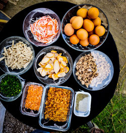 High angle view of fruits in bowl for sale