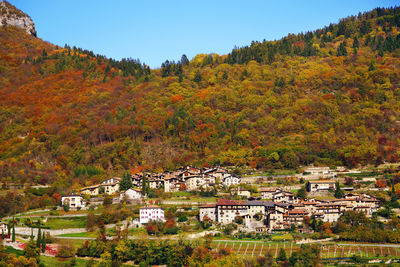 High angle view of houses in town during autumn