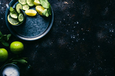 High angle view of fruits in bowl on table