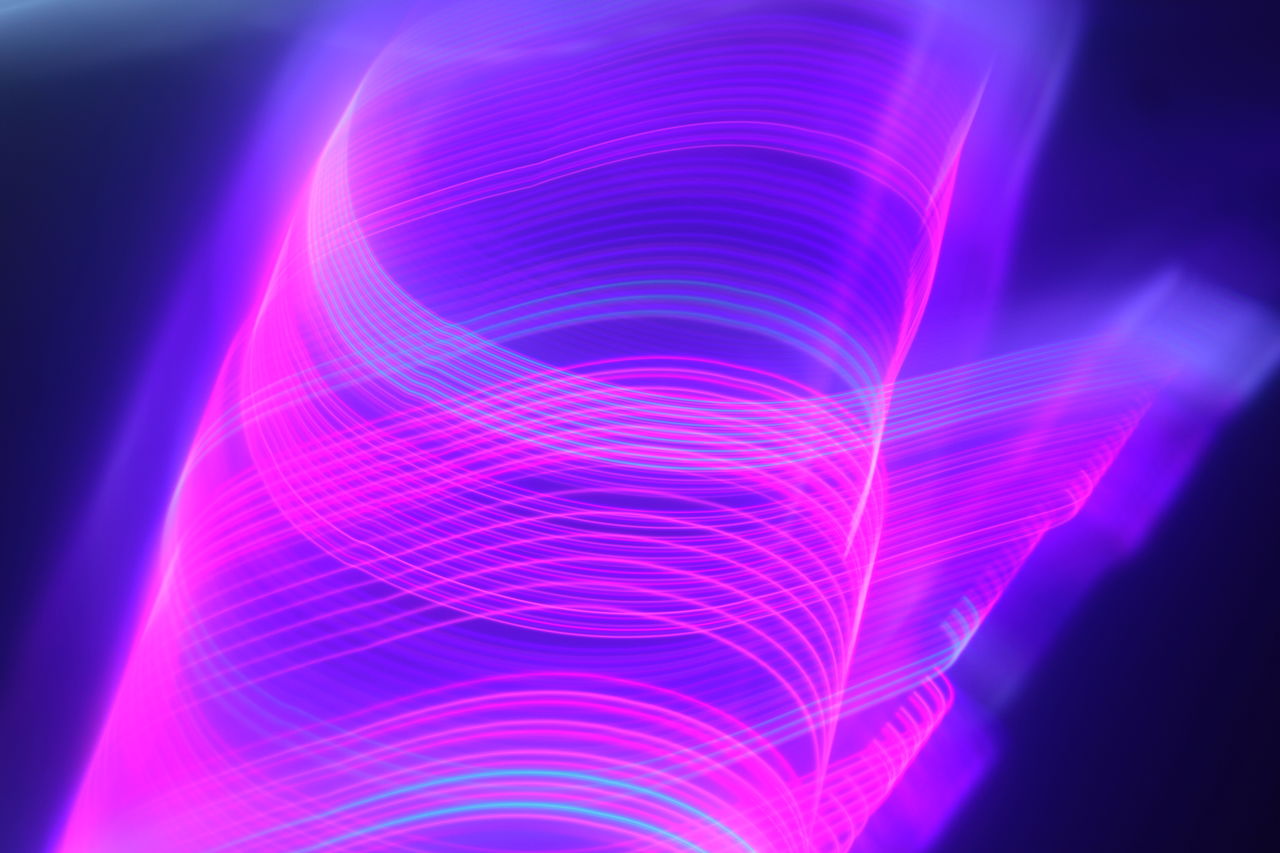 purple, abstract, wave, motion, illuminated, blue, line, pattern, light - natural phenomenon, technology, multi colored, futuristic, no people, long exposure, glowing, studio shot, science, fractal art, vibrant color, creativity, light, pink, backgrounds, petal, blurred motion, circle, flowing