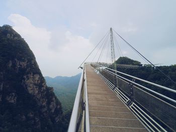 Suspension bridge over river against sky