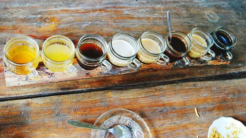 High angle view of various coffee on table