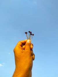Cropped image of man holding needles against blue sky