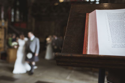 Low angle view of open book at cathedral