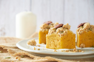 Close-up of cake served on table