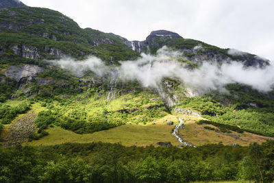 Scenic view of waterfall against sky