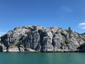 Scenic view of sea and rocks against clear blue sky