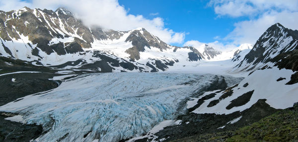 Scenic view of snowcapped mountains against sky