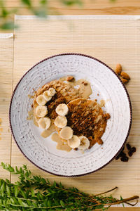 High angle view of breakfast served on table