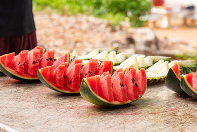 Slices of watermelon, served as snacks on the island.