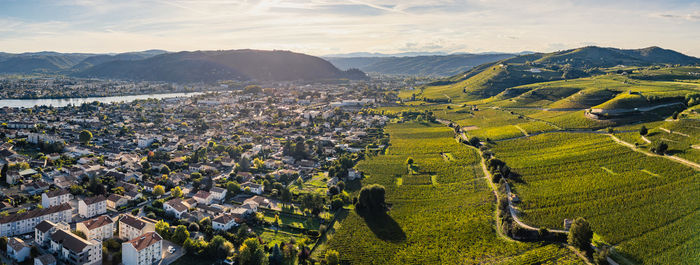 High angle view of townscape against sky during sunset