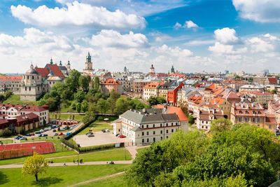 High angle view of townscape against sky