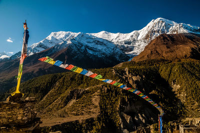 Scenic view of snowcapped mountains against clear sky in annapurna circuit in nepal