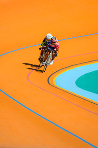 High angle view of bicycle on wall