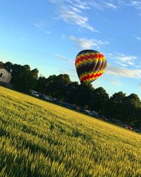 Hot air balloon flying over trees against sky