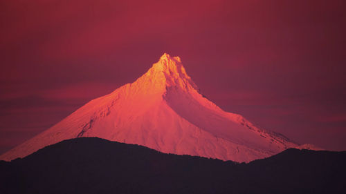 Scenic view of snowcapped mountain against sky during sunset