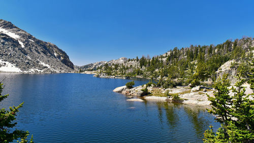 Scenic view of lake against clear blue sky