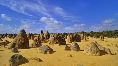 Panoramic view of rocks on arid landscape against sky