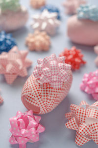 High angle view of pink flowers on table
