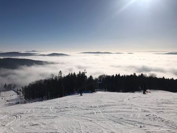 Scenic view of snow covered field against sky