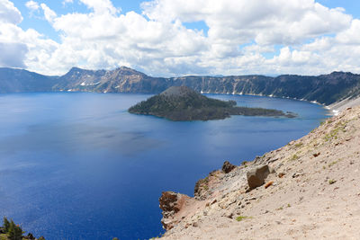 Panoramic view of lake and mountains against sky