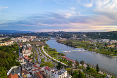 Coimbra park drone view with mondego river, in portugal