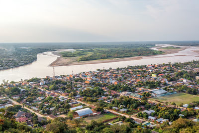 High angle shot of built structures on landscape