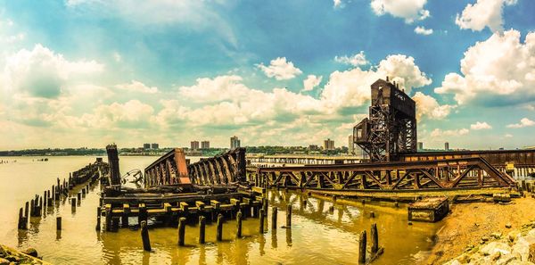 Broken pier at hudson riverbank