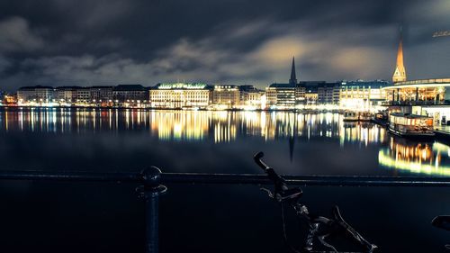 Reflection of illuminated buildings on binnenalster lake at night