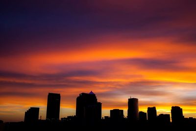 Silhouette of city at sunset