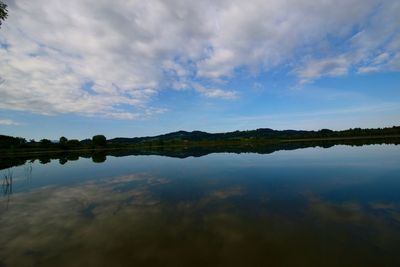 Scenic view of calm lake against cloudy sky